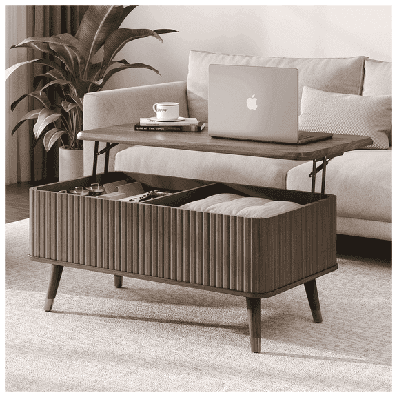 JOINICE Lift Top Coffee Table with Storage,Mid Century Modern Fluted Rectangle Center Table for Living Room,Walnut