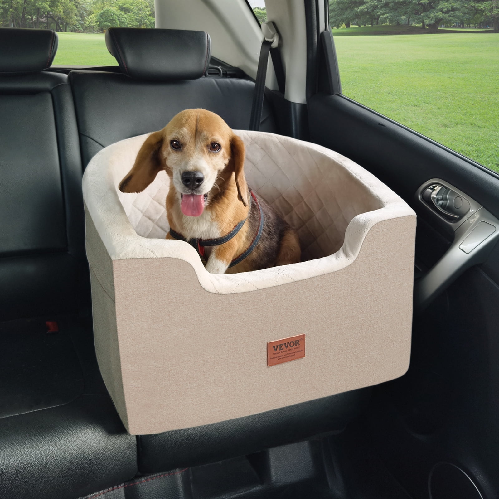 VEVOR Dog Car Seat, Waterproof Dog Booster Seat for Car with A Storage Pocket, Clip-On Safety Leash and Sponge Filling, Dog Car Bed for Small & Medium Dog up to 55lbs, Brown