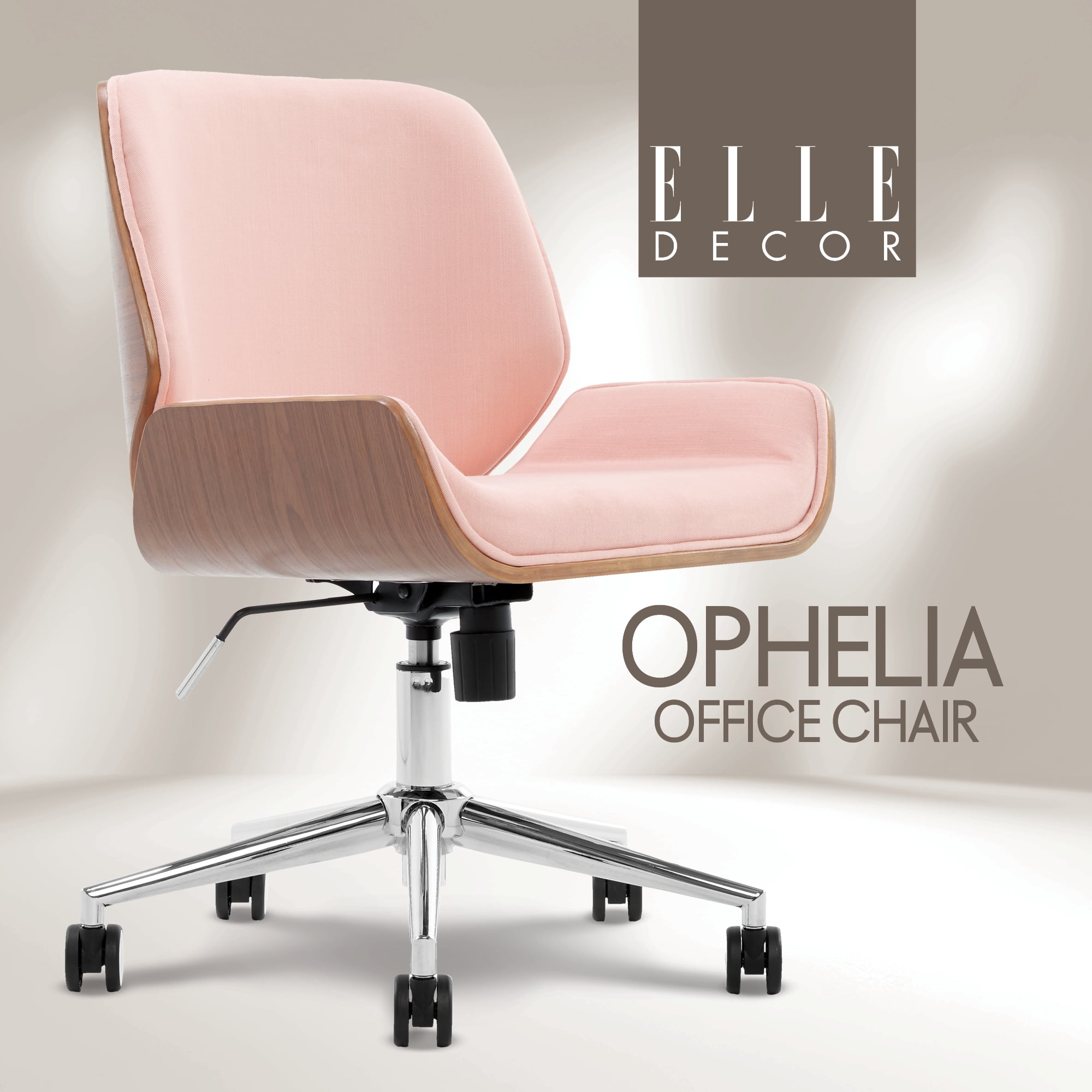 Elle Decor Ophelia Office Chair, Curved Bentwood Low-Back and Seat, Chrome Swivel Base, Woven Fabric, Blush Pink