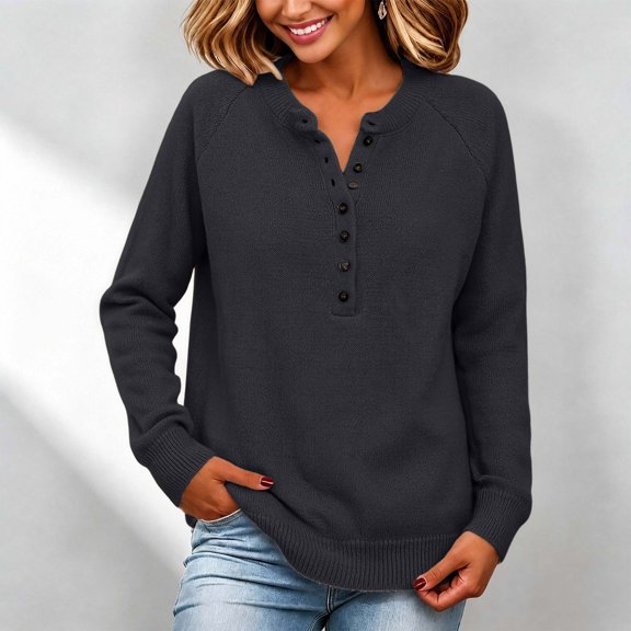 Sheghy Blouses for Women 2026 Cool Season Plus Size Button Down Collar Raglan Sleeve Relaxed Fit Knit Pullover Sweater Black S