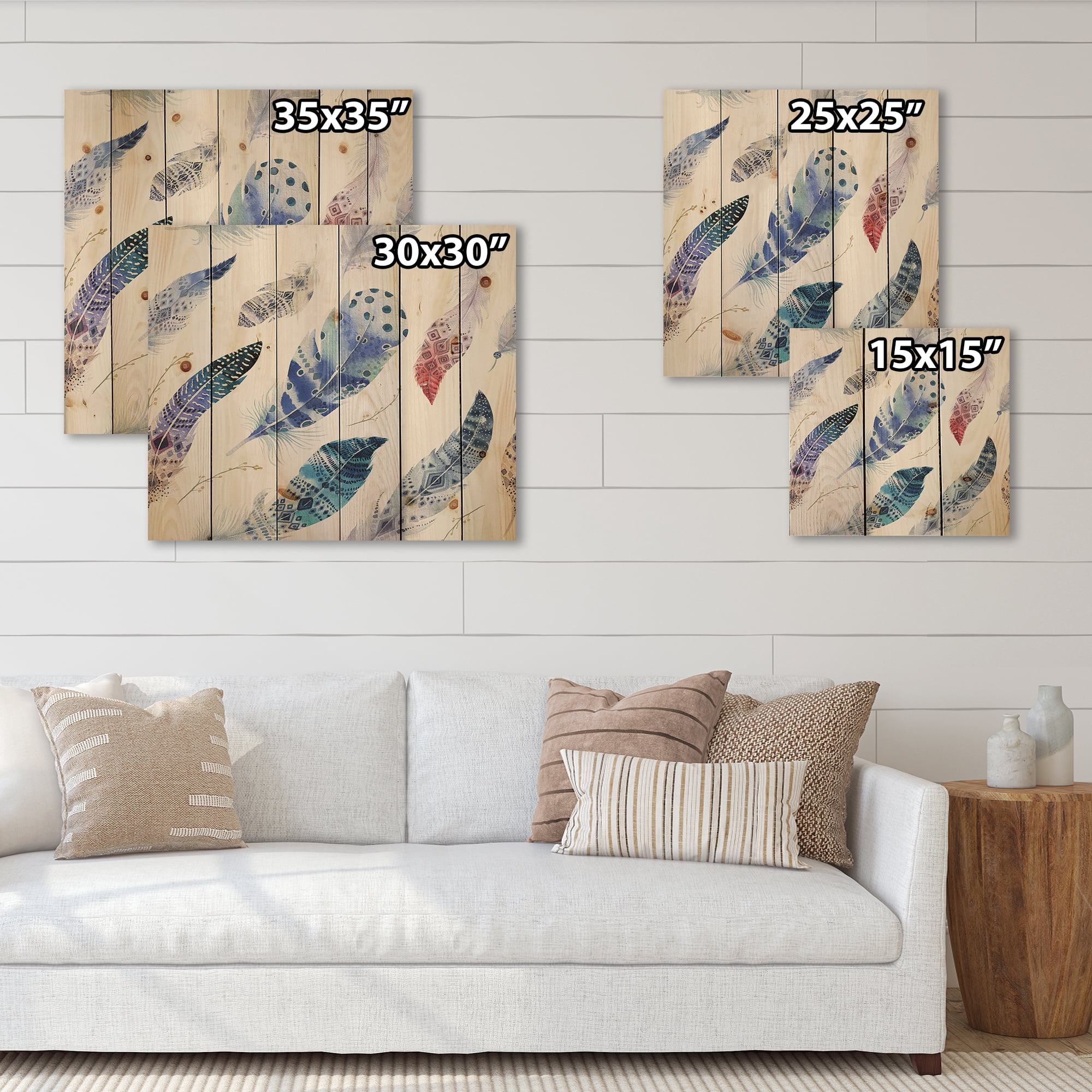 Designart 'Elegant Blue Boho Art Feathers' Bohemian & Eclectic Print on Natural Pine Wood