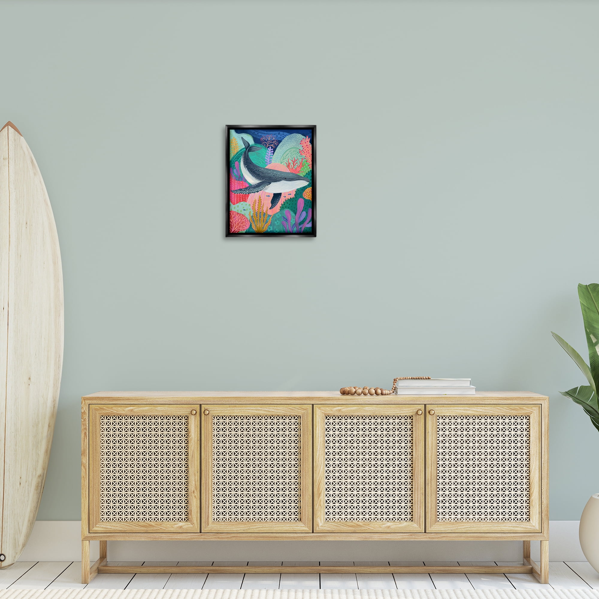 Stupell Industries Bright Whale & Sea Coral Nautical & Beach Painting Black Floater Framed Canvas Art Print Wall Art, 17 x 21