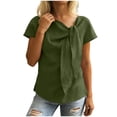 thumbnail image 3 of FchengtaiS Women's Short Sleeve Business Casual Shirts Elegant Knot Neckline Tops Summer Cotton Linen Blouse, 3 of 7
