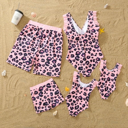 

BULLPIANO Family Matching Swimwear Mommy and Me Swimsuits One Piece Leopard Printed Beach Bikini Sets Swimming Trunks
