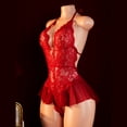 thumbnail image 3 of AESKEIA Women Babydoll Lingerie Lace Plunge Halter Bodysuit Sleepwear Red M, 3 of 7