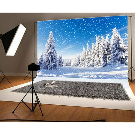 GreenDecor Polyester 7x5ft Photography Backdrop Christmas Pine Tree Forest Snow Covered Landscape Snowflakes Sunshine Nature Winter Scene Happy New Year