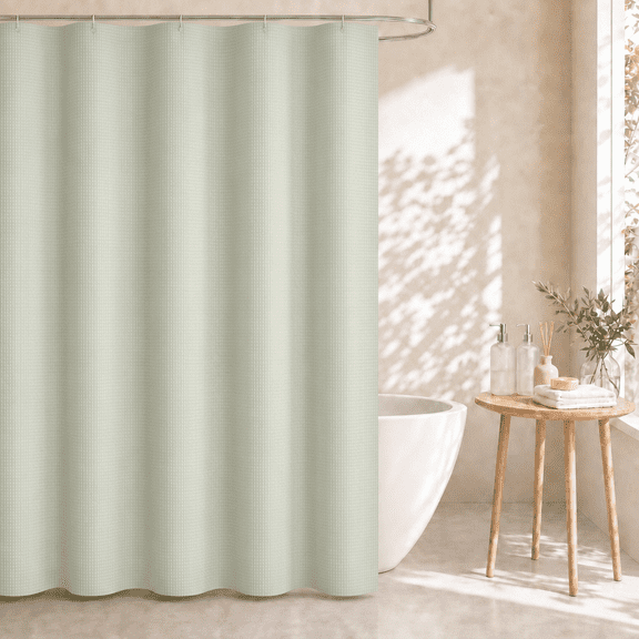 Dznils Waffle Shower Curtain with Hooks, Thick Weighted Fabric Bathroom Curtain, Green, 72" x 72"