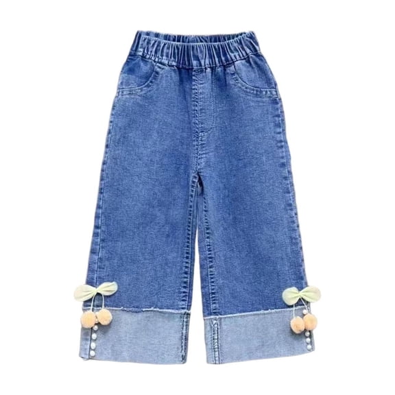 Bovxnpu Girls Wide Leg Jeans Denim Pants Denim Bow Girls Rhinestone Elastic Waist Casual Comfortable Versatile Pants