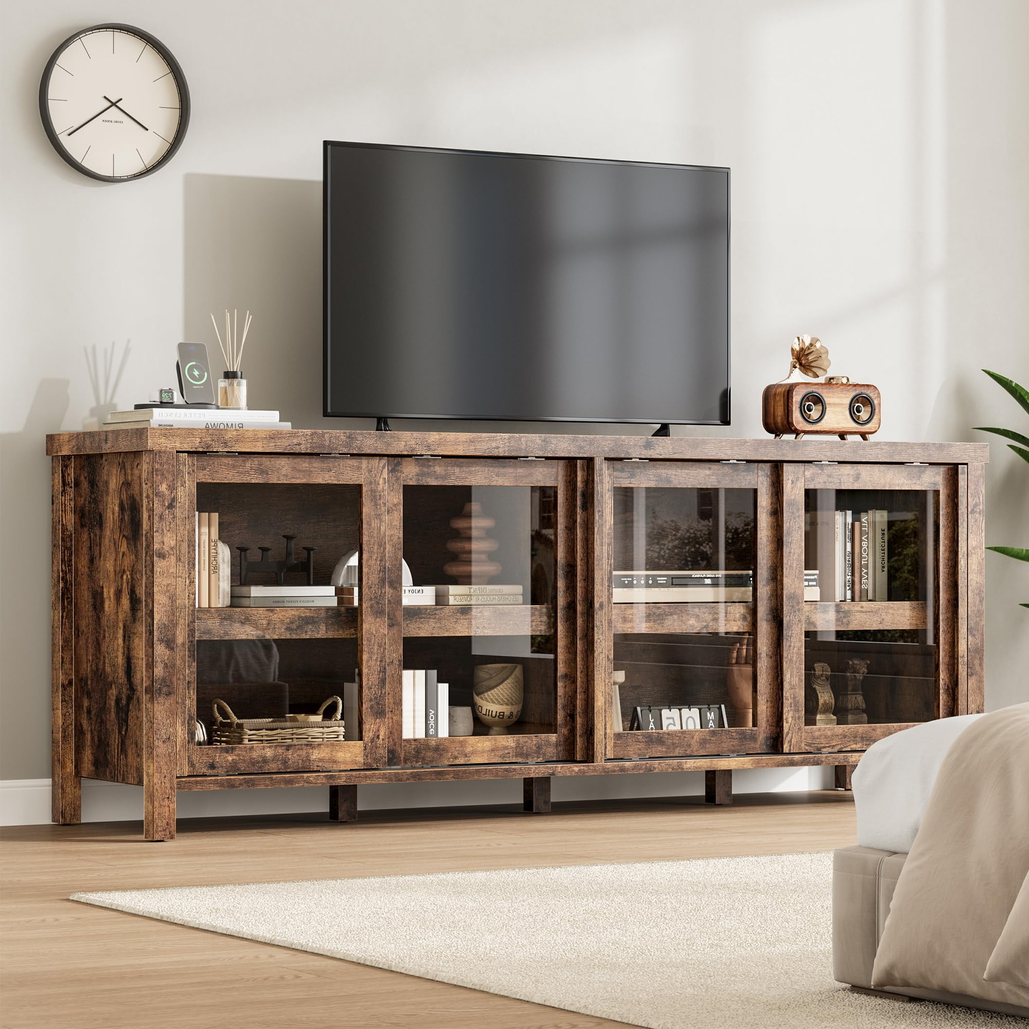 62" Farmhouse TV Stand for TVs up to 75 Inch - Entertainment Center with Glass Sliding Doors & Adjustable Shelves - Large Storage Media Console for Living Room & Bedroom - Black / Gray / Retro