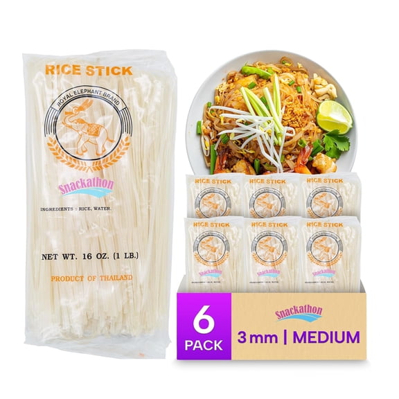 Snackathon Pad Thai Style Rice Stick Noodles, 3 mm Width, 16 oz (Pack of 6)