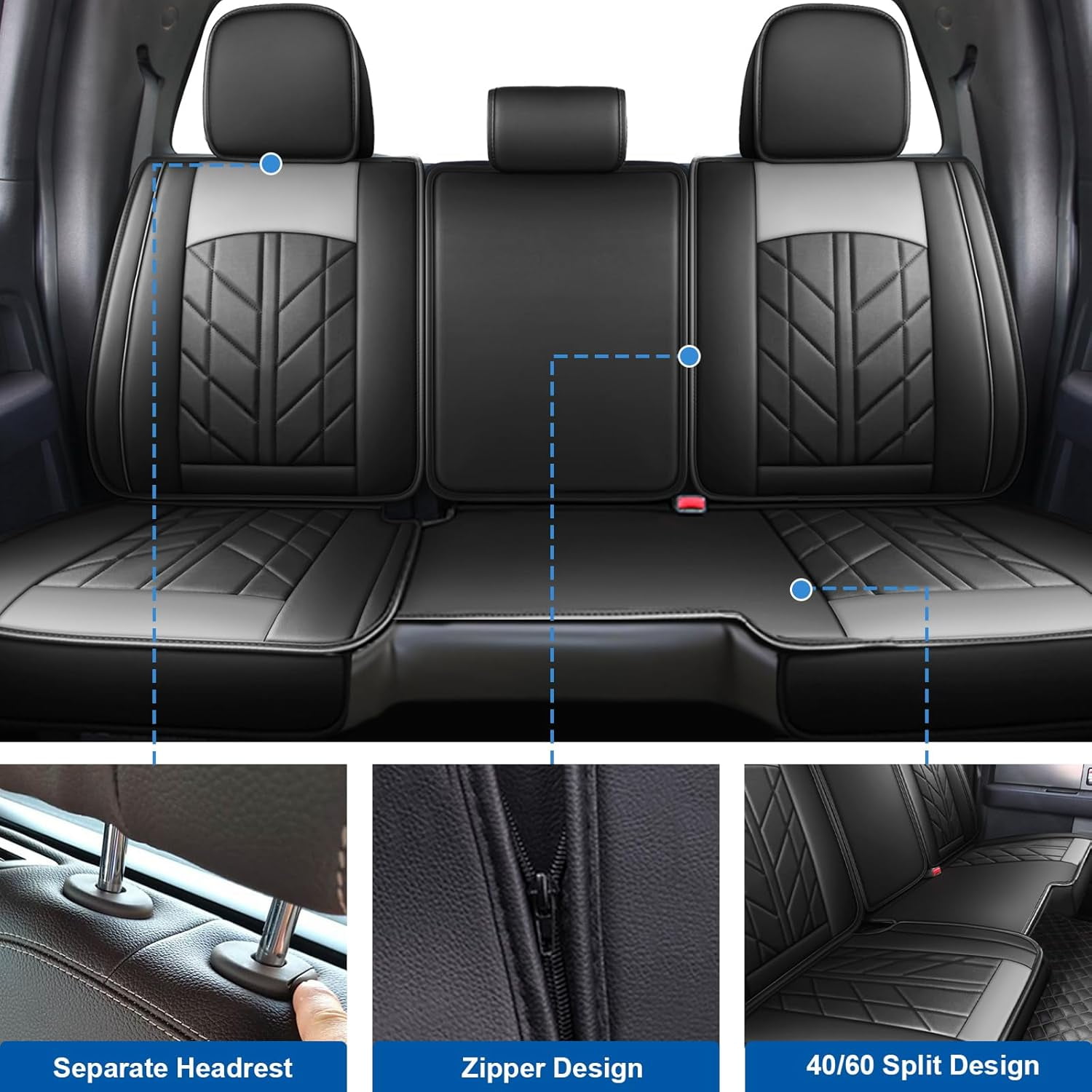 Car Seat Covers Custom Fit for Dodge Ram 1500 2500 3500 2009-2023, Waterproof PU Leather Full Set Pickup Cushion Protector Black Gray