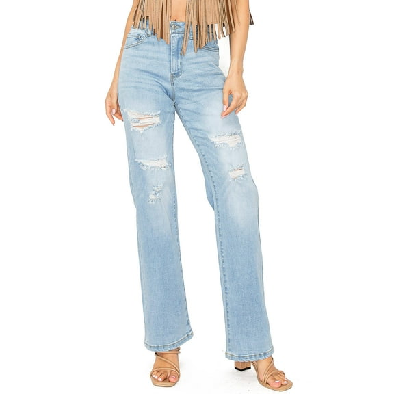 wax jean Womens Juniors High Rise Loose Straight Stretch Jeans (Classic Light Denim, 0 )