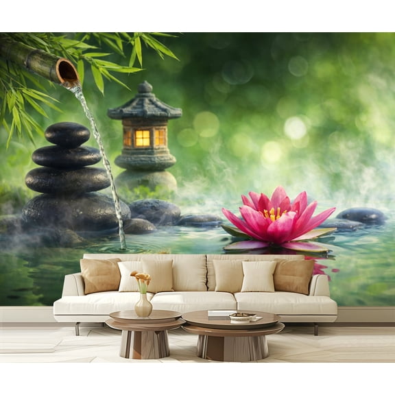Peel and Stick Wallpaper Waterproof Spa Stones Waterlily Fountain Garden Wall Mural Decor Self Adhesive and Removable 69in x 98in