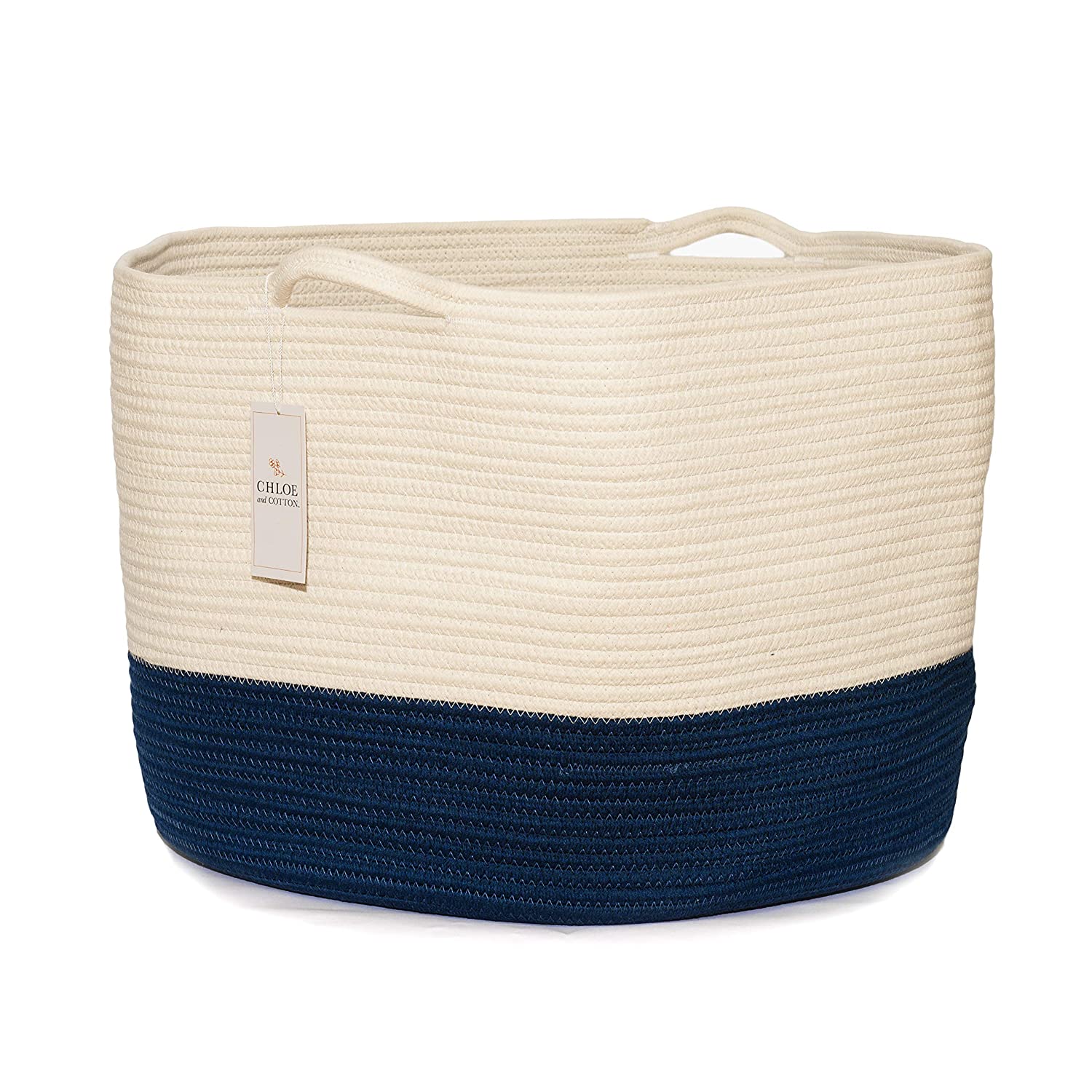 Chloe and Cotton XXXL Extra Large Woven Rope Basket with Handles for Storage - 15" H x 21.5" D - Navy White - image 1 of 5