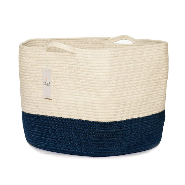 Chloe and Cotton XXXL Extra Large Woven Rope Basket with Handles for Storage - 15" H x 21.5" D - Navy White