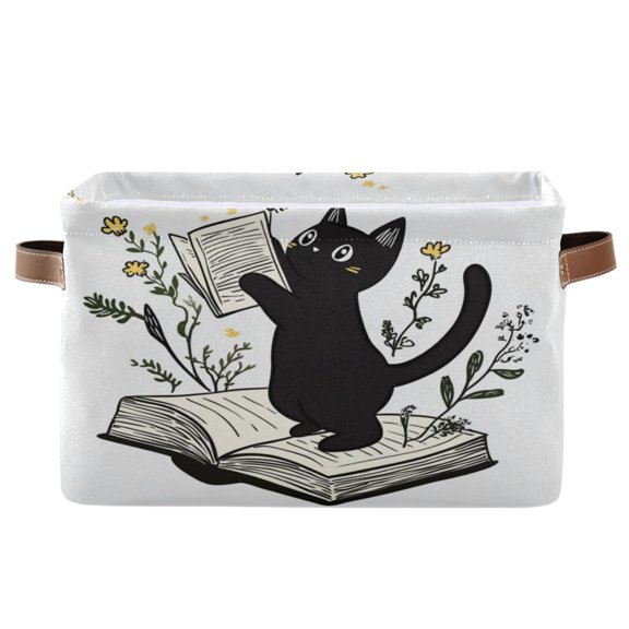 Black Cat Holding Up An Book Foldable Storage Basket,Canvas Fabric Foldable Storage Bins with Handles Open Home Storage Bins Boxes for Toy Book Shelf Closet Baskets