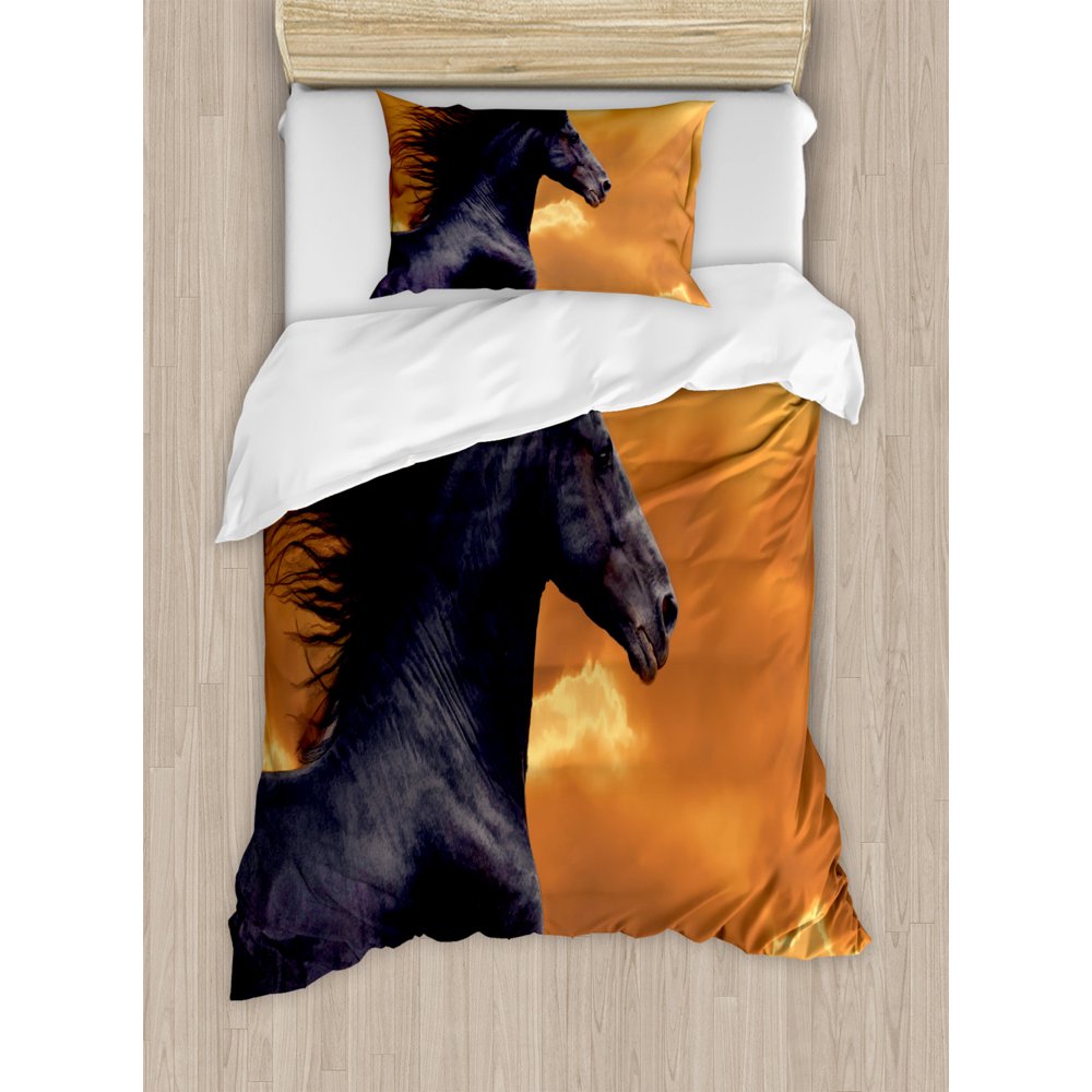 Horses Duvet Cover Set, Portrait of Galloping Friesian Horse with Hot