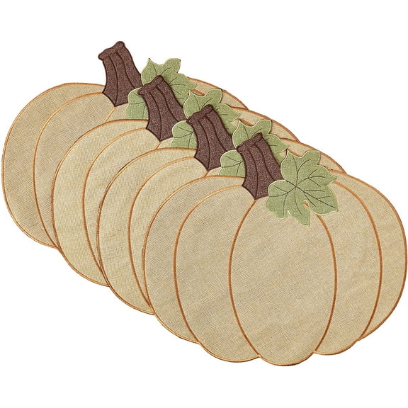 Violet Linen Thanksgiving Harvest Fall Pumpkin Pattern, Polyester Applique Embroidered Burlap, Gold, 12 Inch x 18 Inch, Oval, Set of 4, Decorative Place Mats