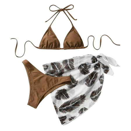 Abomasnow Women s Sexy 3 Piece Hawaiian Printed Bikini Swimwear Summer Holiday Bathing Suits Tie Knot Tie Back Triangle Swimsuit and Skirts Cover Up