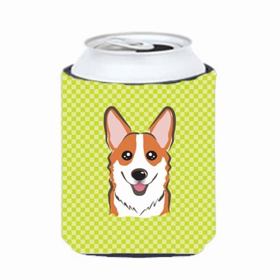 Checkerboard Lime Green Corgi Can Or Bottle Hugger, 12 Oz.