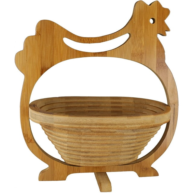 Cesta plegable de bambú para frutas, cuenco decorativo, frutero de madera plegable (diseño de pollo)