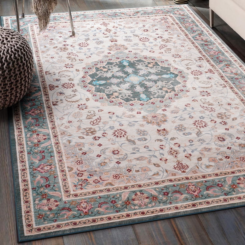 Jamfeel Area Rugs Vintage Floral Printed Washable Non-slip Carpets Foldable Thin Low Pile Rug for Living Room Bedroom 5'x8' Green