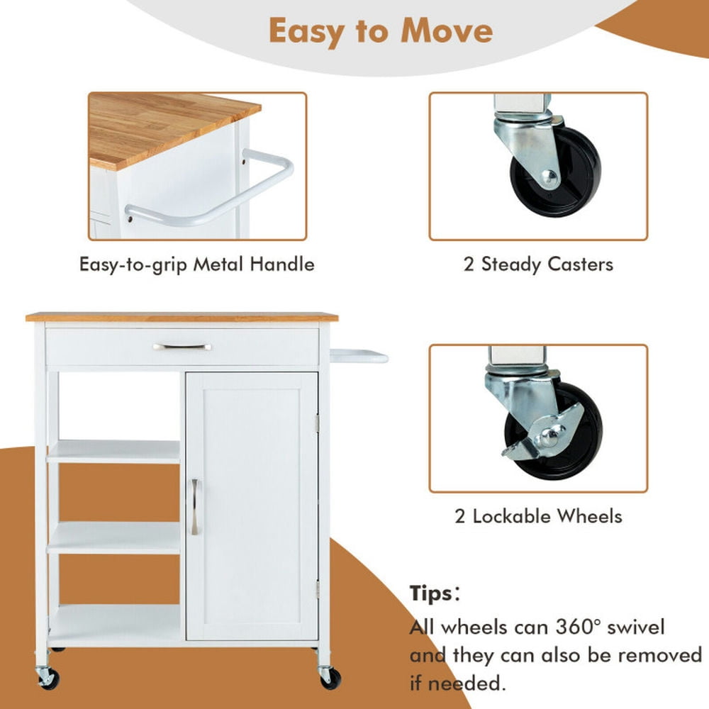 Finihen Rolling Cart, Kitchen Island Cart, Mobile Kitchen Island Cart with Rubber Wood Top, for Kitchen, Dining Room, White Finihen Rolling Cart, Kitchen Island Cart, Mobile Kitchen Island Cart with Rubber Wood Top, for Kitchen, Dining Room, White