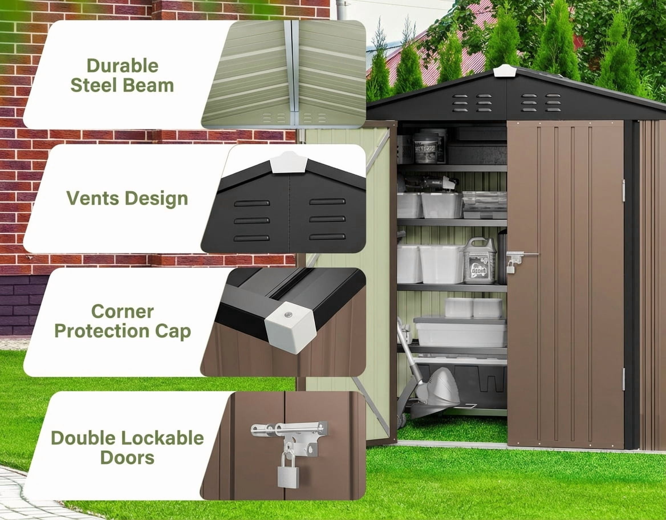 6x4 FT Storage Shed, Tool Shed with Sloping Roof and Lockable Door with Doors, Brown