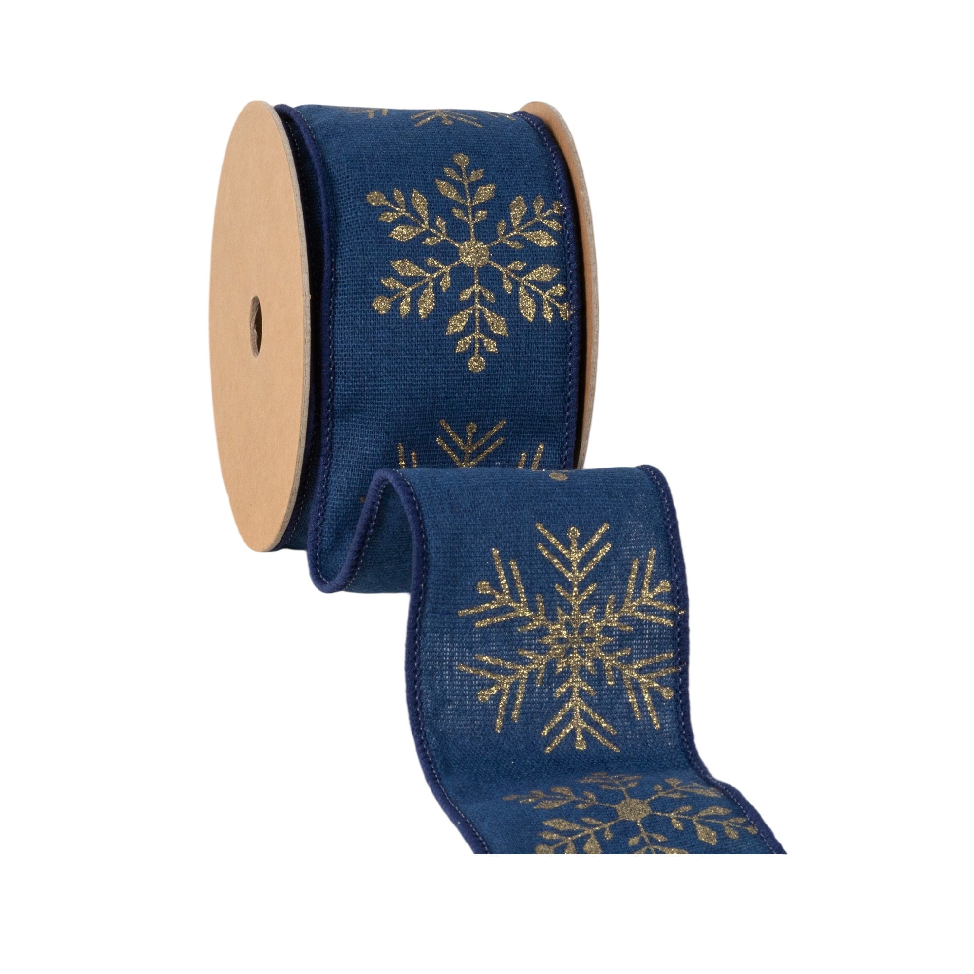 LaRibbons 2 1/2" Faux Linen Wired Ribbon, Blue w/ Gold Stamping Snowflakes, 10 Yard Roll