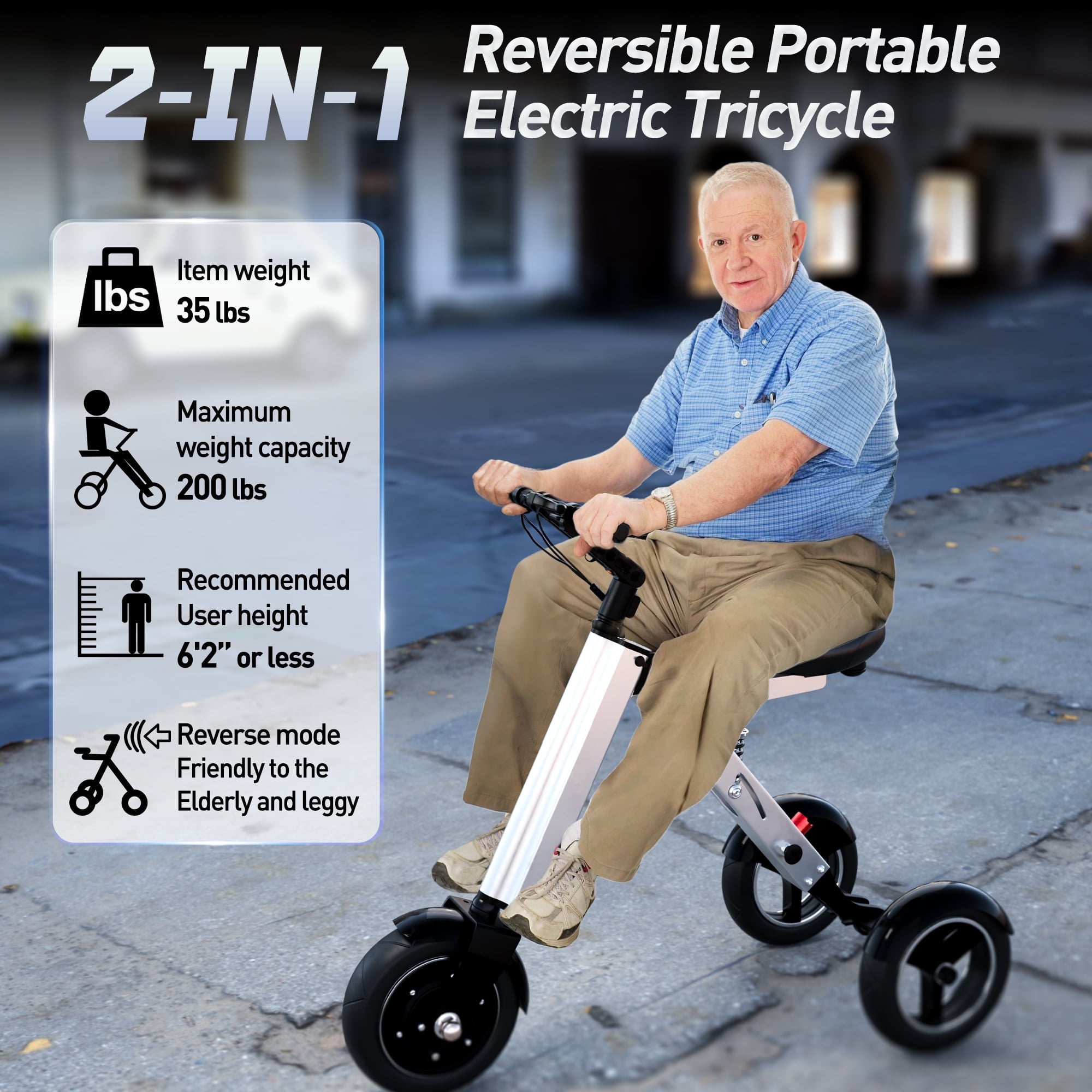 Bike Skeri Foldable Electric Tricycle for Adults, 2-in-1 Commuter Trike with Reverse Gear, up to 15Mph & 20 Miles 3 Wheel E-Scooter with Seat