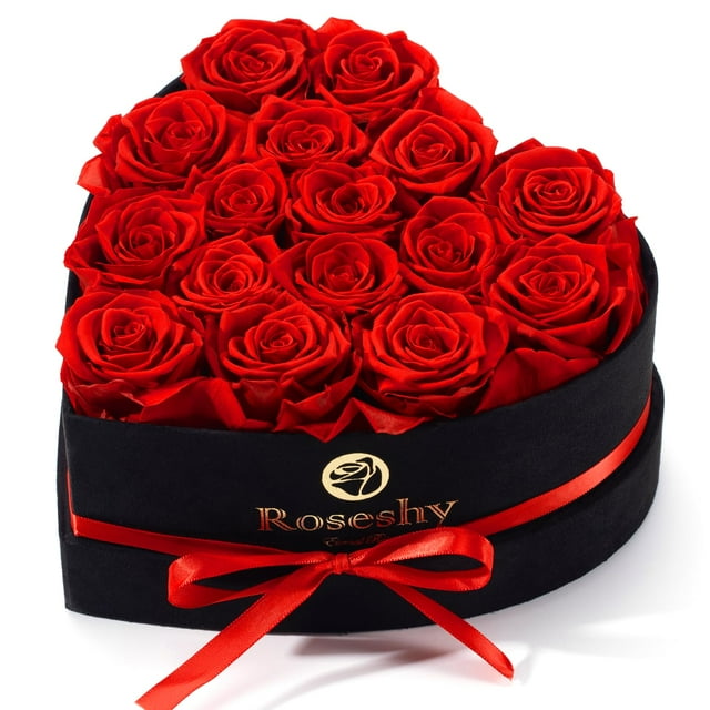 Rosas preservadas de color rojo rosado, 16 unidades en caja de regalo en forma de corazón