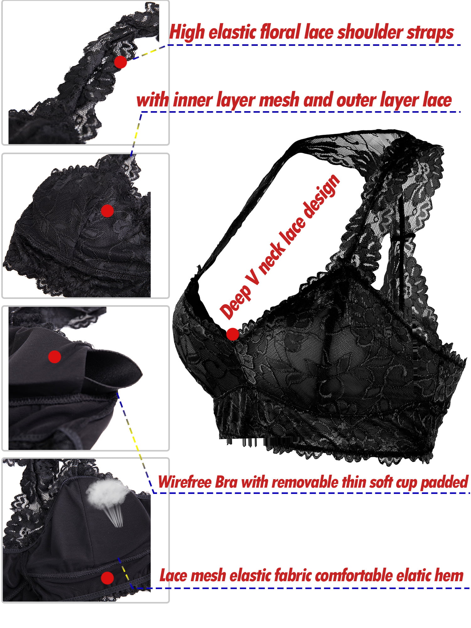 4 Pack Women Lace Racerback Bralette Removable Padded Deep V Neck Crop Top  Wireless Lingerie Underwear Bras Floral Lace Bra,4PCS 