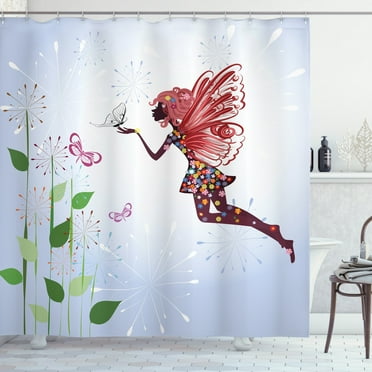 Butterfly Shower Curtain, Butterfly Winged Flower Built in Silhouette of Fairy and Dandelion with Tall Stem, Fabric Bathroom Set with Hooks, 69W X 70L Inches, Multicolor, by Ambesonne