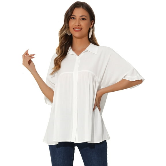 DARING DIVA Women's Casual Button Down Tunic Tops with Ruffle Cuffs XS White