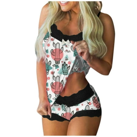 

fvwitlyh Womens Ski Bibs Lingerie Shorts Sleepwear Print Lace Pajamas Cami Set Women Sleeveless Women Women plus Size Overalls
