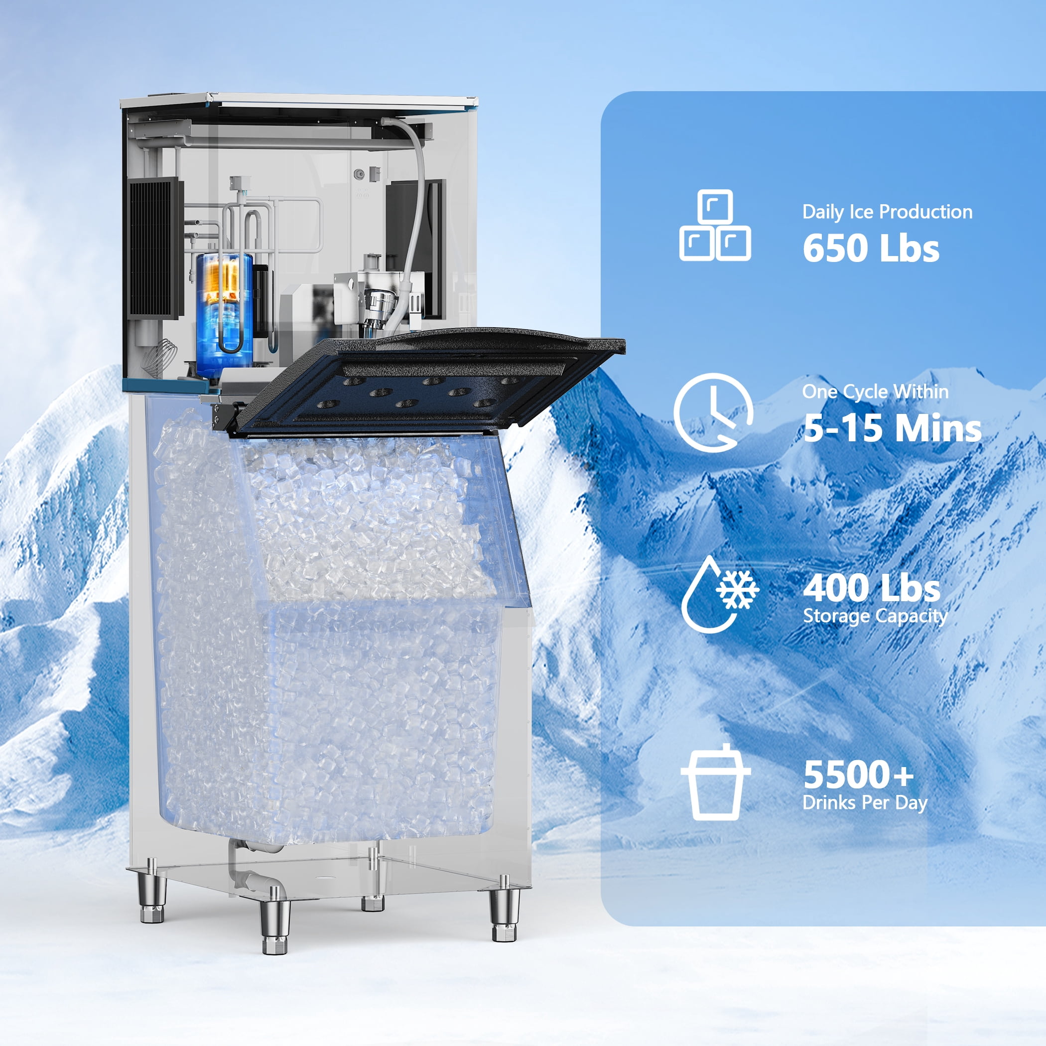 Coolake 22" 650 lbs/24h Commercial Ice Maker Machine with 400 lbs Storage, Stainless Steel Freestanding Ice Machine, 115V