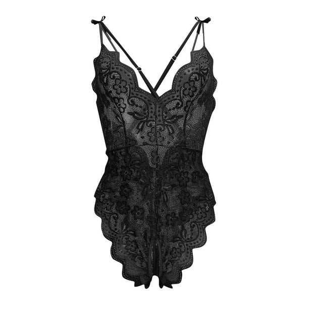 Lencería de Mujer SCZ Ropa Interior de Encaje de Flores Babydoll con Cuello en V Correa de Dormir Negro 2XL