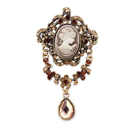 - Antique Gold Tone Cameo Brooch Brown Topaz Style Crystal Stones Teardrop Design Woman Brooch Jewelry, BROOCH-20