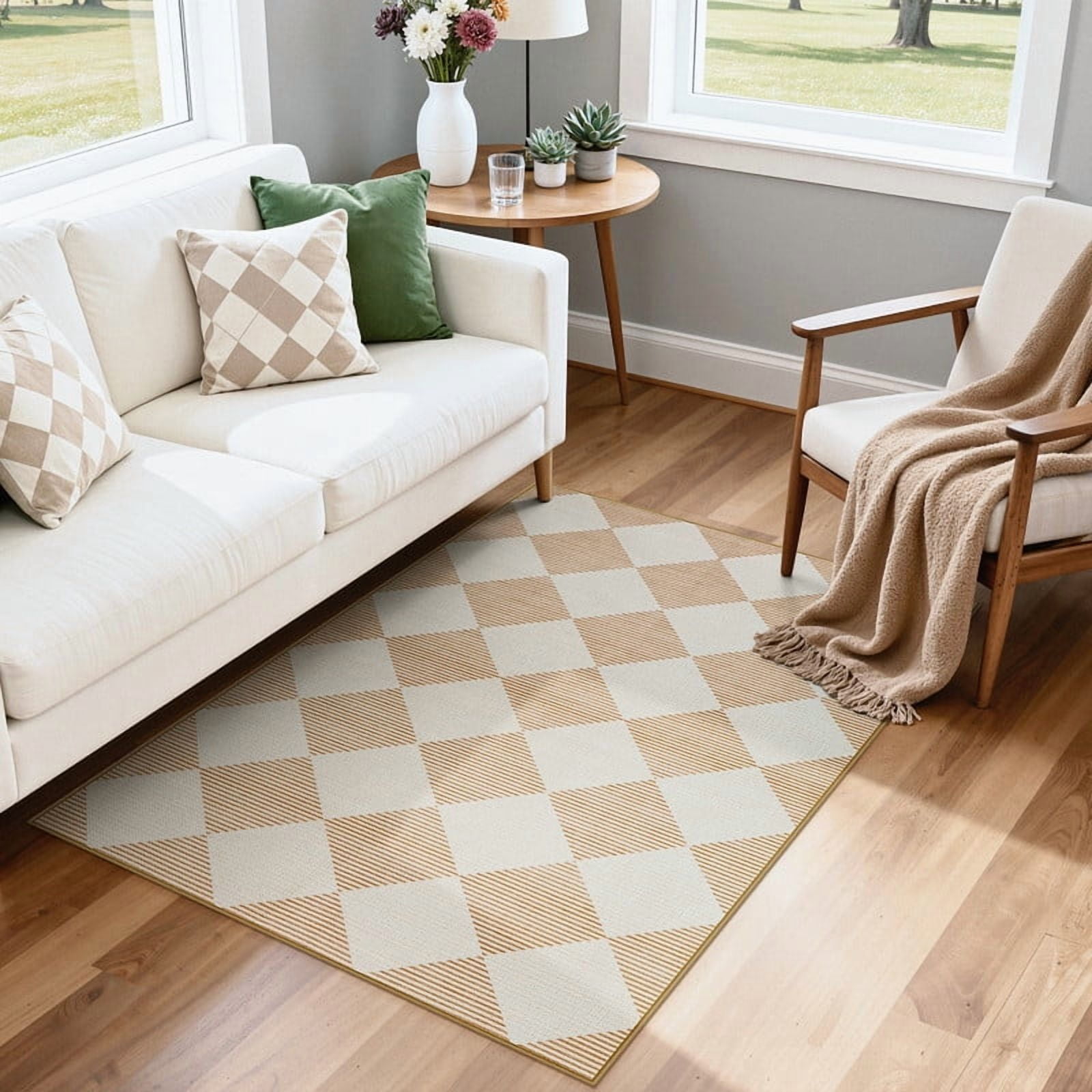 SUNDEREY 3'x5' Easy Jute Area Rugs for Entryway, Washable Non-Slip Modern Rugs for Living Room, Farmhouse Diamond Checkered Rug, Moroccan Soft Low Pile Carpet for Bedroom Office Dining Room, Beige