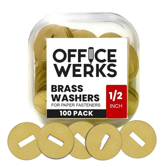Officewerks Brass Washers for Paper Fasteners, 1/2 Inch Slotted Brass Gold-Plated Round Metal Brads for Scrapbooking, Crafts, Making DIY, and More (Gold Washers - 100 Pack)
