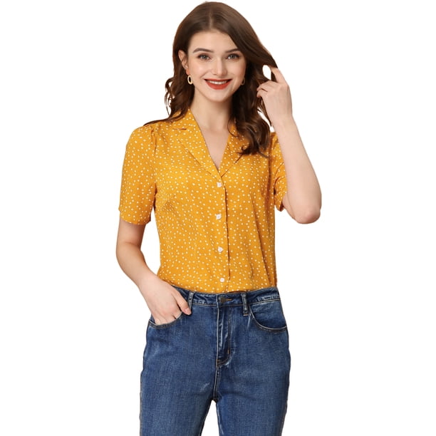 Blusa de lunares con corazón dulce Allegra K manga corta cuello en V casual con botones Amarillo XS