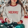 thumbnail image 2 of SwiftWear Unisex Christmas Striped "MERRY" Print Fleece-Lined Sweatshirt Cozy Crewneck Pullover Holiday Couples Matching Top for Women Men Khaki, 2 of 9
