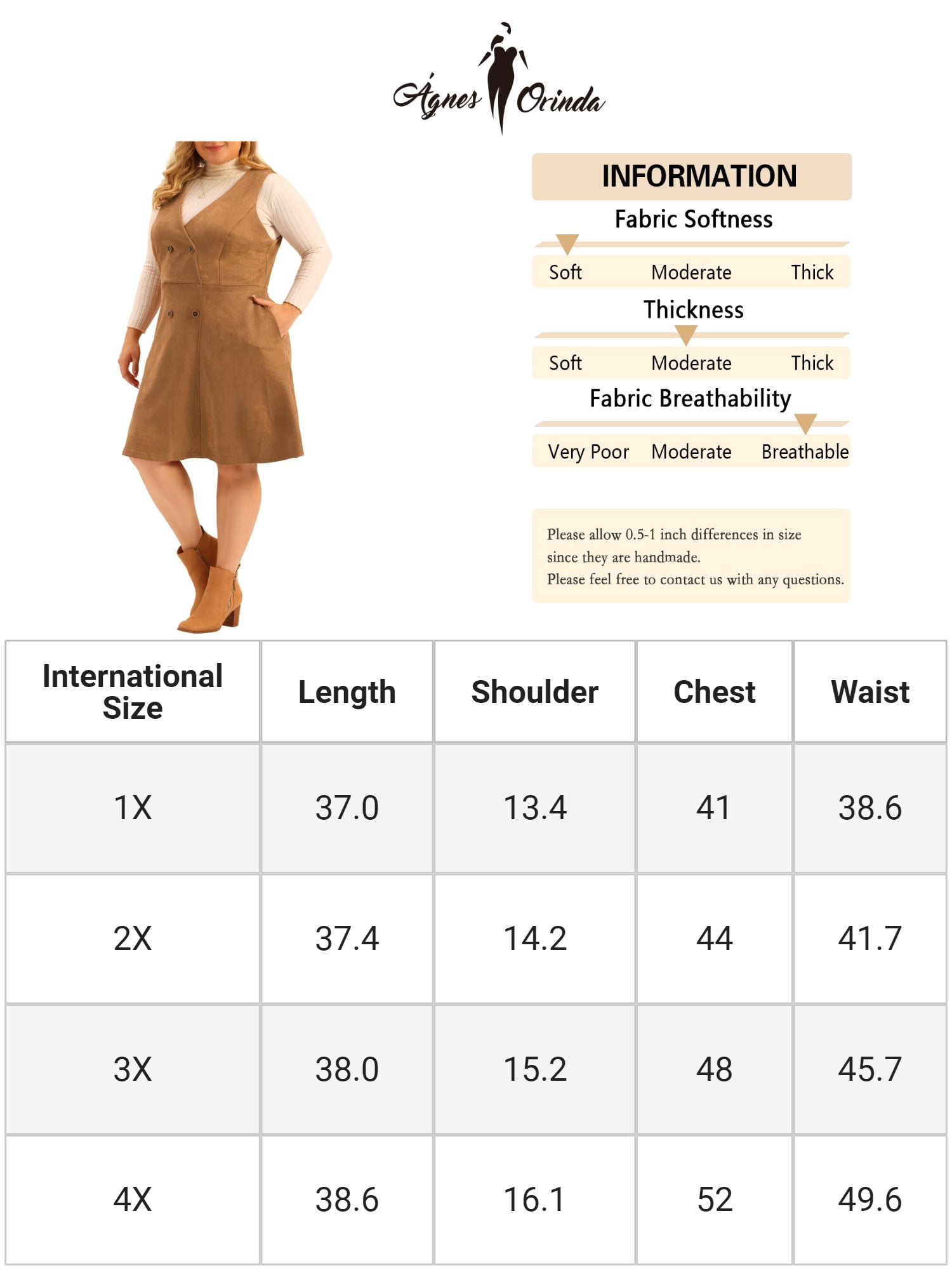 Unique Bargains Women's Plus Size Overall Button Casual Faux Suede Dress 1X Brown