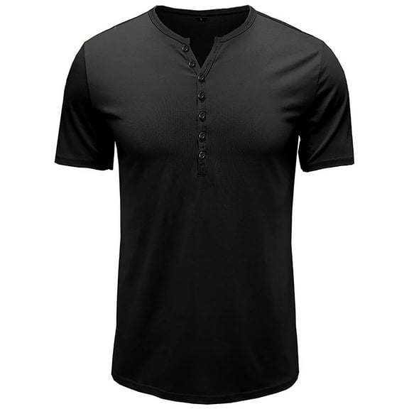 AHTJRT Men's Cotton Short Sleeve Henley Shirt V-Notch Neck Casual Muscle Fit with Half Button T-Shirt Black M