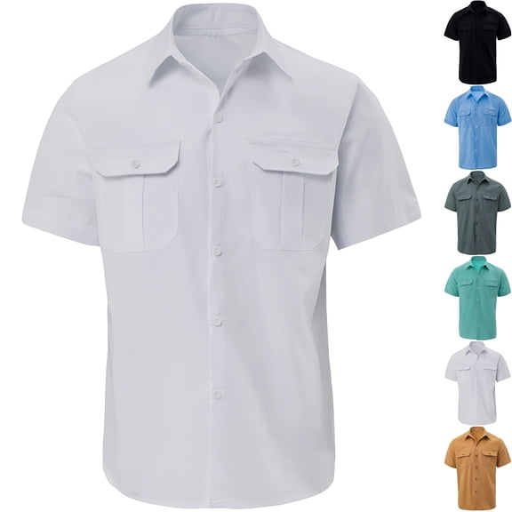 Men's Cotton Short Sleeve Button Down Shirts with Double Chest Pockets, Casual Work Shirts Summer Lightweight Breathable Collared Tops Soft Stretch Daily Office Uniform Workwear