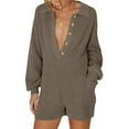 thumbnail image 2 of xiaxaixu Women’s Ribbed Knit Rompers Long Sleeve Solid Color Button Down Jumpsuit Shorts Loungewear, 2 of 4