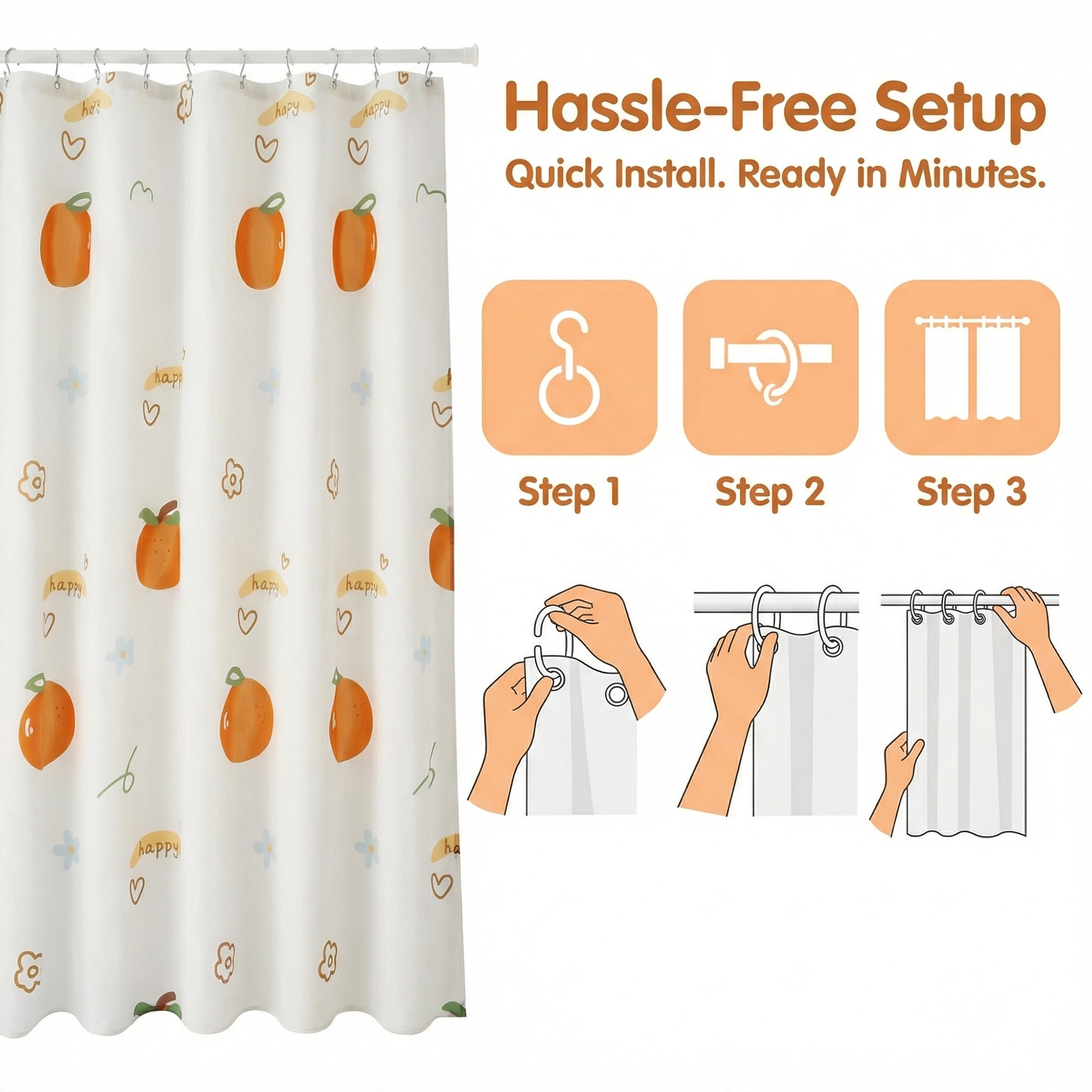 Unique Bargains Water-Resistant Printed Shower Curtain with 12 Hooks Orange 71"W x 71"L