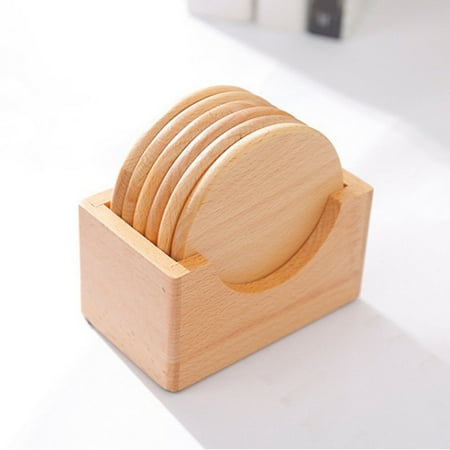 

6 pc Round Wood Coasters Set with Holder