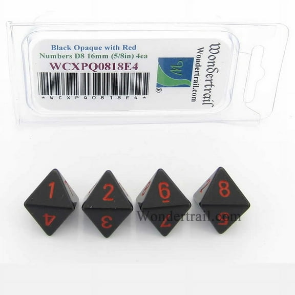 Black Opaque Dice with Red Numbers D8 Aprox 16mm (5/8in) Pack of 4 Wondertrail