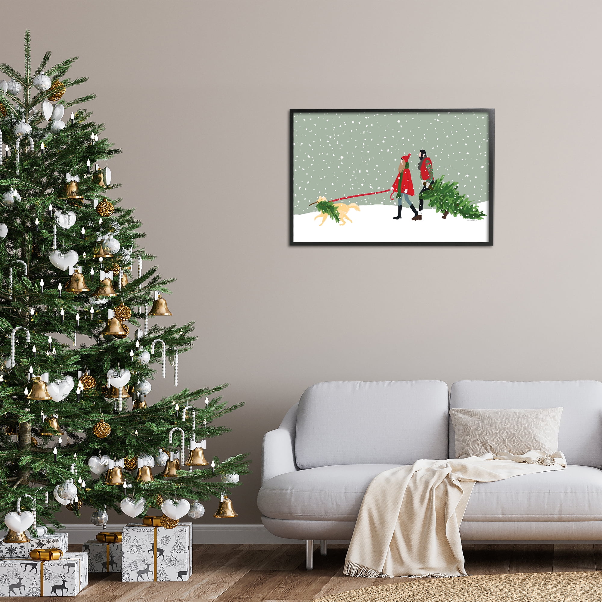Stupell Industries Couple with Christmas Tree Holiday Painting Black Framed Art Prints Wall Art, 30 x 20